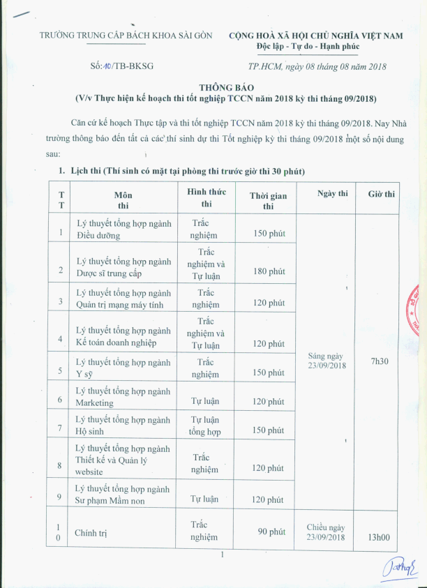 thông báo kế hoạch thi tốt nghiệp tháng 9/2018