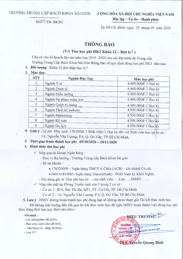 Thông báo học phí học kỳ 3 khóa 12 đợt học 6 & 7