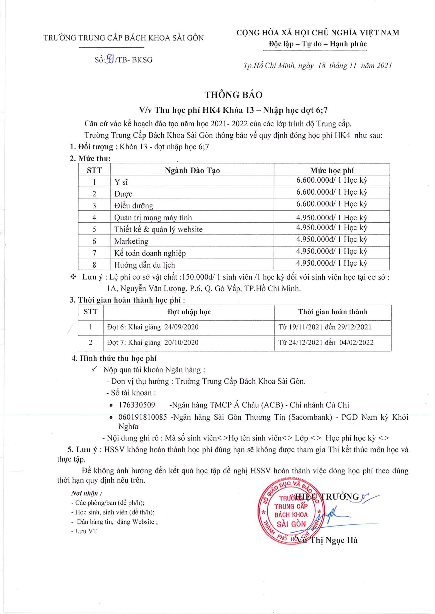 Thông báo học phí HK4 khóa 13 đợt nhập học 6,7