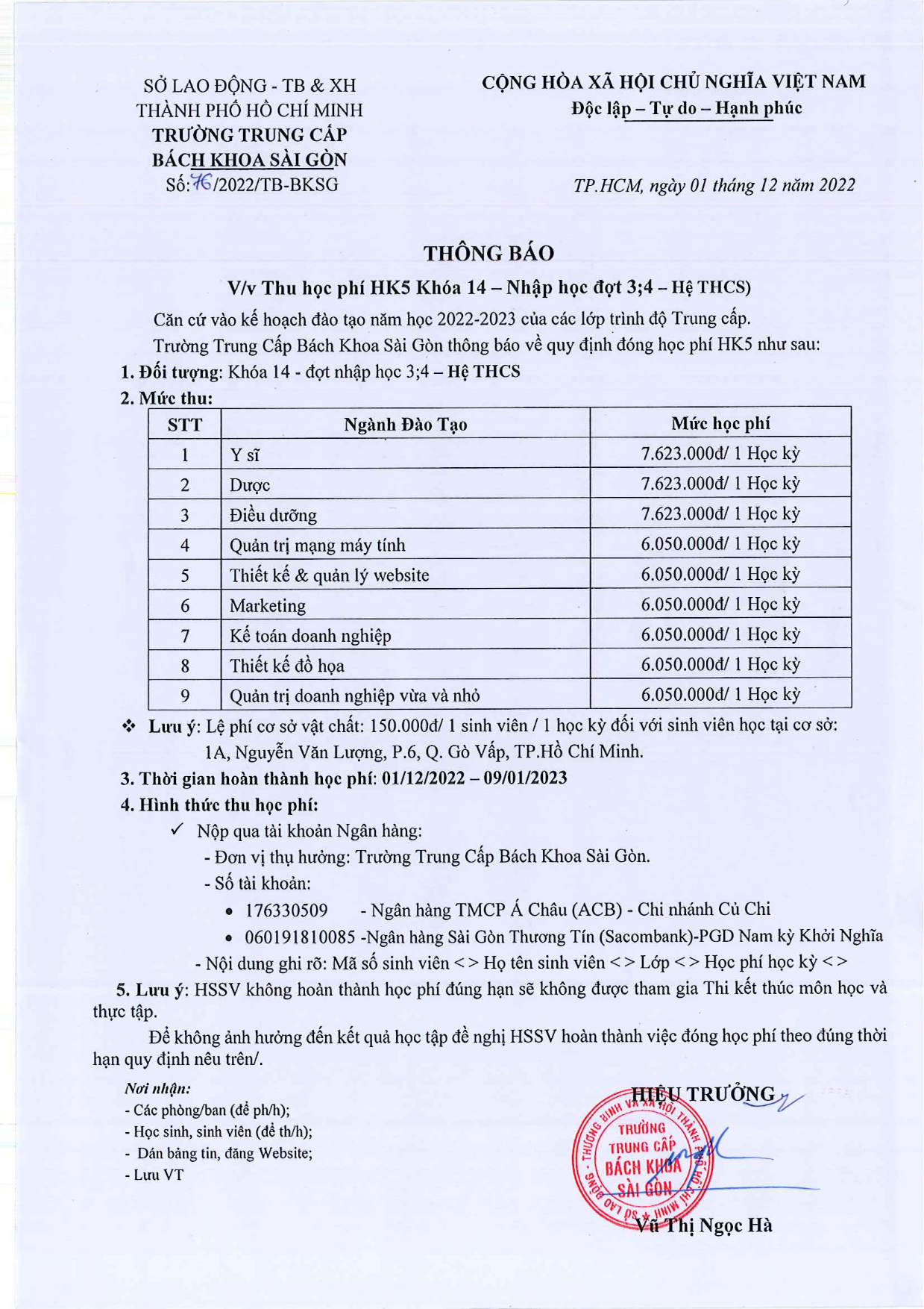 TB Thu học phí HK5 khóa 14 nhập học đợt 3 & 4 - Hệ THCS